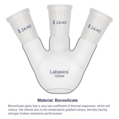 Labasics Borosilicate Glass 3 Neck Flat Bottom Boiling Flask with 24/40 Joints, for Lab Experiments, Distillation and Reflux Systems, 100ml - size: 100 ml