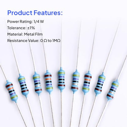 ELEGOO 525 Pcs 1/4W Metal Film Fixed Resistor Kit, 17 Values, ±1% Tolerance