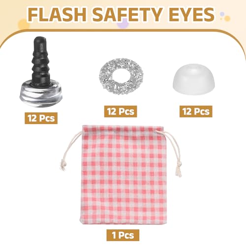 MECCANIXITY 12 Pcs Glitter Safety Eyes, 9mm Plastic 3D Crochet Doll Eyes with Washers and Drawstring Bag for Puppet Bear DIY Crafts Stuffed Animals Making Supplies, Silver - color: Silver