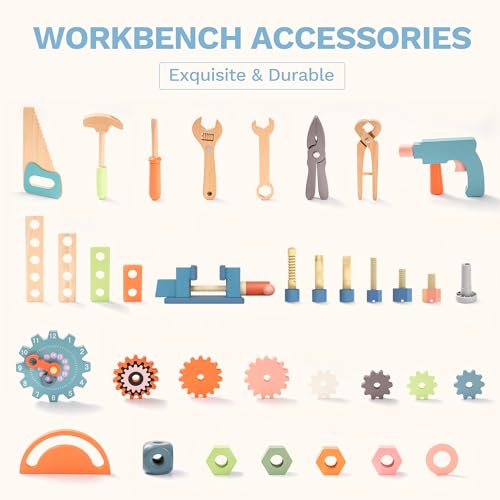 ROBUD Wooden Play Tool Workbench Set for Kids, Construction Toy Bench