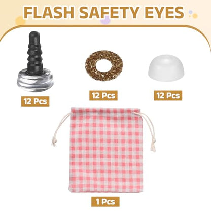 MECCANIXITY 12 Pcs Glitter Safety Eyes, 9mm Plastic 3D Crochet Doll Eyes with Washers and Drawstring Bag for Puppet Bear DIY Crafts Stuffed Animals Making Supplies, Brown - color: Brown