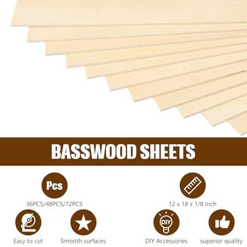 Riakrum Basswood Sheets Plywood Board Unfinished Wood Boards for Crafts for DIY Laser Projects Architectural Mini House Building Hobby Model Making(12 x 18 x 1/8 Inch,48) - size: 12 x 18 x 1/8 Inch