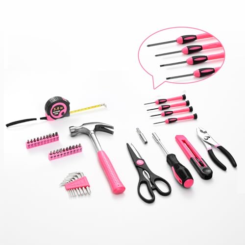 HANGYING 39-Piece Household Tool Set, Pink Tool Kit for Women with Toolbox - color: Pink, size: 39-Piece