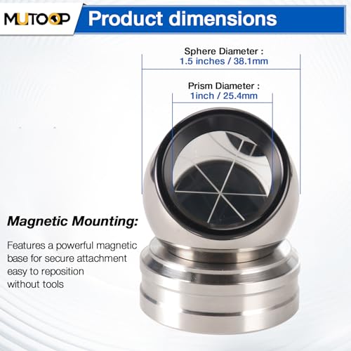 1.5-Inch (38.1mm) High-Precision Prism Sphere for Total Stations - Magnetic Base, Break-Resistant, Silver Coated - for Land Surveying, Construction & Deformation Monitoring