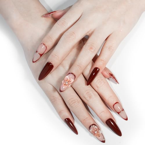 Handmade Stiletto Press on Nails Long Burgundy Glossy Gel Nails with 3D Flower Rhinestone Design, Reusable Stick on Fake Nails for Women (Size M) - color: 02, size: Medium