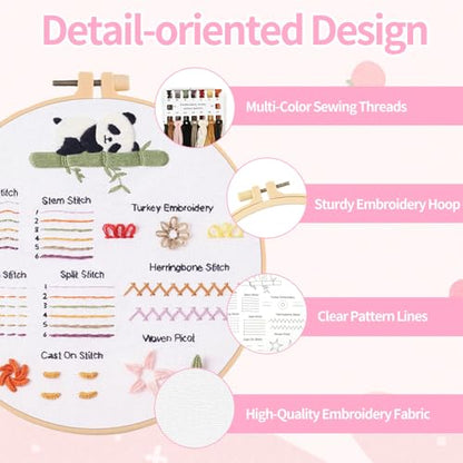Jyphorixal Embroidery Kit for Beginners Adults Cross Stitch Starter Kit Needle Point Supplies 30 Basic Stitches in 4 Set, DIY Craft Lover Starter Hand Stitch - color: Panda