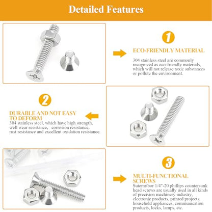 57 Pieces 1/4-20 x 1/2", 3/4", 1", 1-1/4", 1-1/2", Phillips Countersunk Head Machine Screws Nuts Assortment Kit - size: 1/4"-20, style: Phillips Countersunk Head