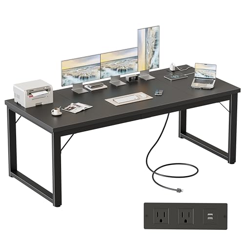 Mericonia 63 Inch Computer Desk with Power Outlets, 1.2" Thick Office Table - color: Black, size: 63*23,1.2"T