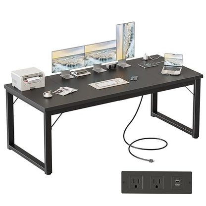 Mericonia 63 Inch Computer Desk with Power Outlets, 1.2" Thick Office Table - color: Black, size: 63*23,1.2"T