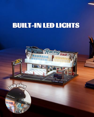 1/64 Diorama Racetrack with LED, Wooden Garage for Hot Wheels