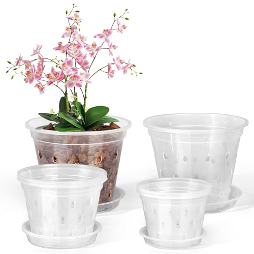FUIJOL Orchid Pot, 6 Pack 456 Inch Clear Orchid Pots with Holes and Saucers for Repotting, Breathable Slotted Plastic Orchid Planters with Drainage for Root Health Indoor Outdoor - size: 456 Inch