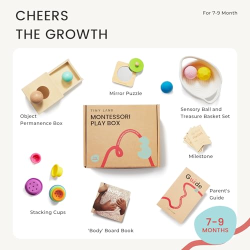 Tiny Land Montessori Toy Set for Babies 7-9 Months Senser Play Kit - 5-in-1 Wooden Learning Toys with Object Permanence Box, Sensory Ball, Stacking Cups and Mirror Puzzle,Body Board Book - style: 7-9M Educational Box