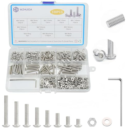 330 Pcs M4 Screws Assortment Kit, M4x6mm/8mm/10mm/12mm/16mm/20mm/25mm/30mm, Metric Hex Button Head Socket Cap Screws Nuts Washers Kit with Wrench, 304 Stainless Steel - size: M4 330 Pcs