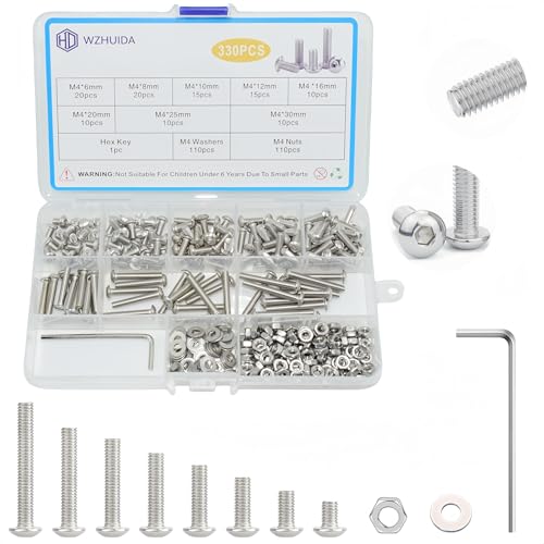 330 Pcs M4 Screws Assortment Kit, M4x6mm/8mm/10mm/12mm/16mm/20mm/25mm/30mm, Metric Hex Button Head Socket Cap Screws Nuts Washers Kit with Wrench, 304 Stainless Steel - size: M4 330 Pcs