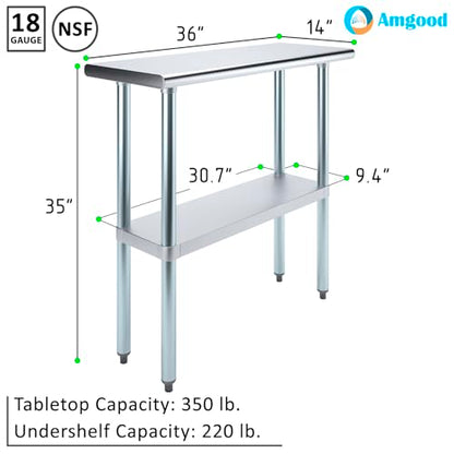 AmGood 14 in. x 36 in. Stainless Steel Work Table | Metal Kitchen Food Prep Table | NSF - size: 36 in. Long x 14 in. Deep without Wheels