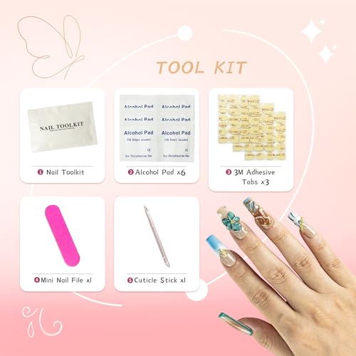 Handmade Square Coffin Press on Nails – Ocean Ombre Blue Bronze Nails with 3D Carved Flower & Gold Foil, Reusable Glossy Stick on Fake Nails, 10pcs Acrylic Nail Set with Tool Kit (Size M) - color: 01, size: Medium