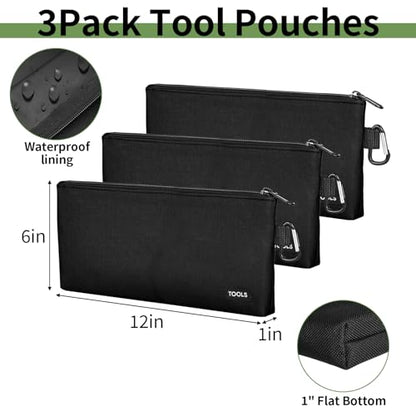 3 Pcs Zipper Tool Pouches, Flat Bottom Utility Bags with Carabiners - color: Black, size: 12 inch