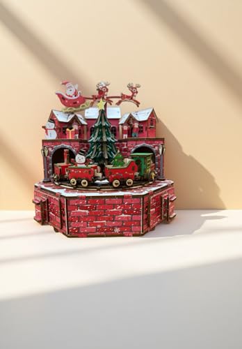 3D Wooden Puzzle Music Box Train, red Brick Base with Christmas Tree 3D Wooden Puzzles for Adults, Christmas sled, Reindeer, Vacation Home Decoration, Music Rotating Display - style: Traditional