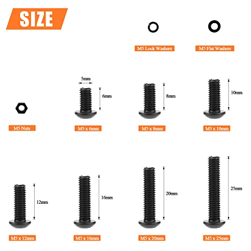 HELIFOUNER 240 Pieces M5 x 6mm /8mm /10mm /12mm /16mm /20mm /25mm, Button Head Socket Cap Screws Bolts Washers Nuts Kit, 10.9 Grade Alloy Steel, Full Threaded, Black - size: M5, style: Button Head