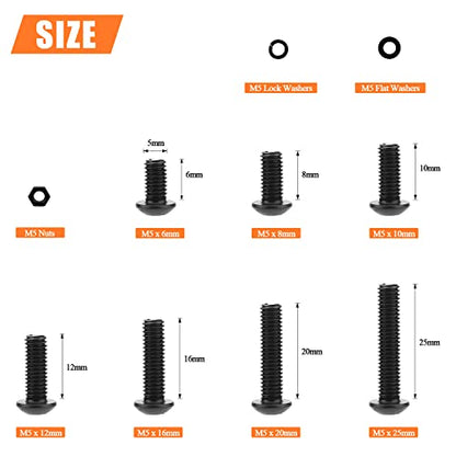 HELIFOUNER 240 Pieces M5 x 6mm /8mm /10mm /12mm /16mm /20mm /25mm, Button Head Socket Cap Screws Bolts Washers Nuts Kit, 10.9 Grade Alloy Steel, Full Threaded, Black - size: M5, style: Button Head