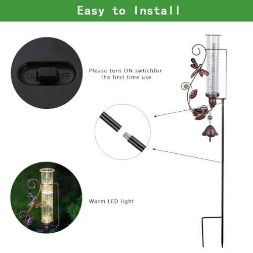 Solar Rain Gauge Outdoor, 7" Tube Dragonfly Rain Gauges - color: Dragonfly