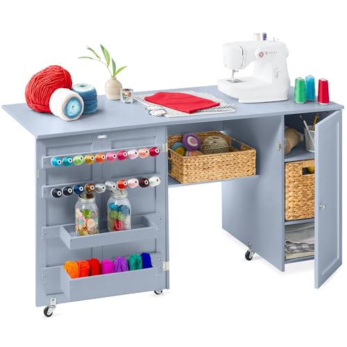 Best Choice Products Large Folding Sewing Table, Multipurpose Portable Craft Station & Side Desk w/Compact Design, Caster Wheels, Storage Shelves, 2 Storage Trays, Magnetic Doors - Light Blue - color: Light Blue