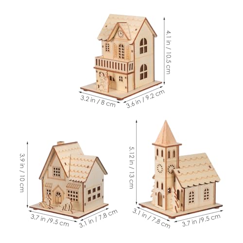 jojofuny 3pcs LED Light up Wooden Christmas House Village Decorations Unfinished Wood Xmas House DIY Wood Chalet Tree Ornaments Christmas Table Centerpieces