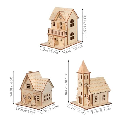 jojofuny 3pcs LED Light up Wooden Christmas House Village Decorations Unfinished Wood Xmas House DIY Wood Chalet Tree Ornaments Christmas Table Centerpieces