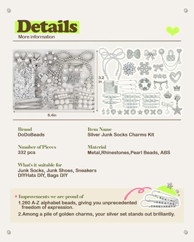 DoDoBeads 332 Pcs Junk Socks Charms Kit, Silver Shoe Charms for Sneakers, Pearl and Rhinestone Sock Charm with Safety Pins, DIY Accessories for Decorating and Personalizing Socks - style: Silver Frost