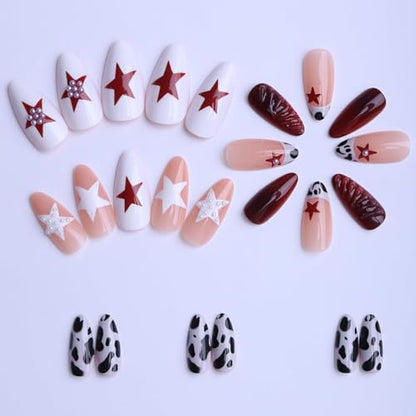 Almond Press on Nails Medium Nude Fake NailLeopard Acrylic Nail Press ons Star Stick on Nails for Women 24pcs - color: Color07