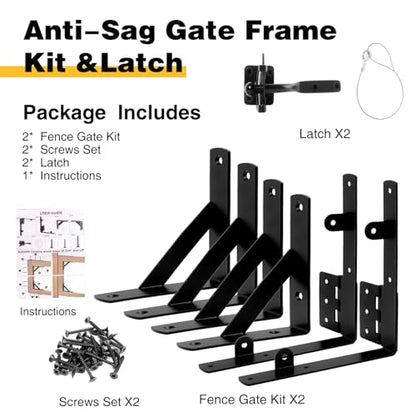 Anti Sag Gate Kit, 2 Set Gate Corner Brace Bracket,Heavy Duty No Sag Kit for Wooden Fence Gate with Self-Locking Gate Latch for Driveway, Corral Gates, Wood Windows - size: Double Gate kit