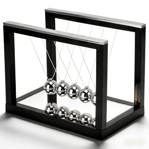 Newtons Cradle with 5 Stainless Steel Balls & Mirror Base - Classic Physics Pendulum Swing Balance Ball, Science Desk Decor for Office Home Decoration, Stress Relief Gift