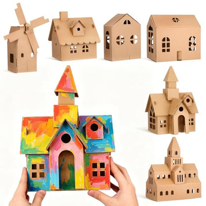 NUOBESTY 6 Pcs Cardboard Houses for Kids Crafts, Blank 3D Puzzle Village Kit to Paint and Color, DIY Paper Building Project for Indoor Art Activity