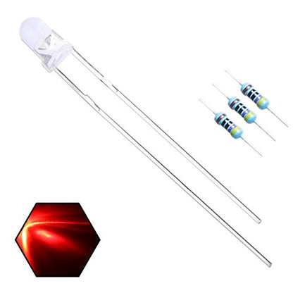 100pcs 3mm Red Lights LED Diodes Clear Round Lens 29mm Long Lead (DC 2V) +100pcs Resistors (for DC 6-12V) Included, Bright Bulb Lamps Light Emitting Diode - color: [05] Red / 100pcs, style: [A] 3mm Constant Light