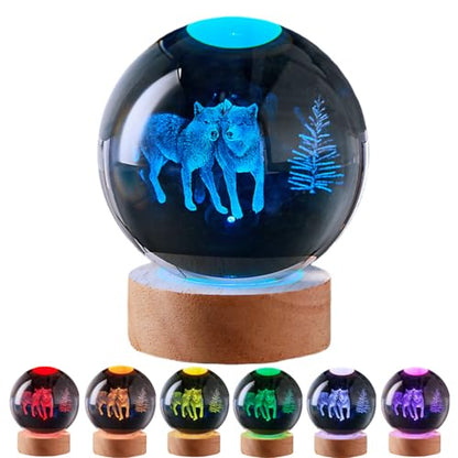 3D Wolves Crystal Ball Lamp with Remote Control, 3.15 inch Wolf Crystal Night Light with Wooden Base 16 Colors Change, Wolf Glass Figurine Lamp Gift for Girls Boys Wife Girlfriend Mom (Wolves) - color: Wolves