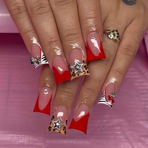 Red French Tip Fake Nails Duck Mouth Press on Nails Medium Pink Full Cover Glue on Nail with Stars Charms Designs Acrylic False Nails Duck y2k Artificial Nails 24Pcs Stick on Nail for Women - color: Style-A17