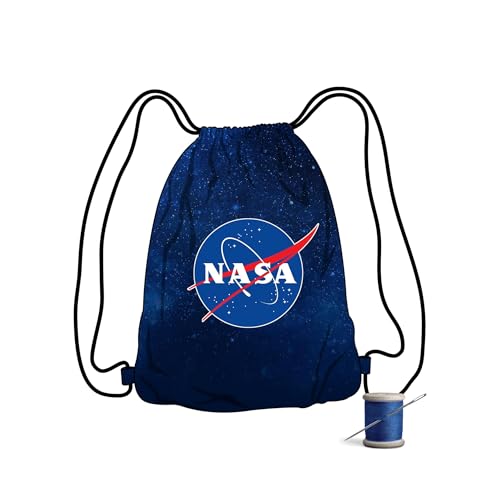 NASA Logo DIY Drawstring Bag Sewing Kit – Space-Themed Fabric Craft Project for Adults – Includes 24" x 43" Dark Blue Canvas Panel & 12ft Nylon Paracord – Create 17" x 13" Handmade Bag - style: Badge