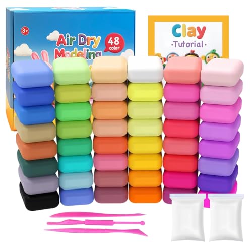 48 Colors Air Dry Modeling Clay with Bonus 2 White, Ultra Light Molding Clay Kit & Tools Gift Set for Kids Boys Girls, Soft Non-Sticky Magic Clay for Art Crafts