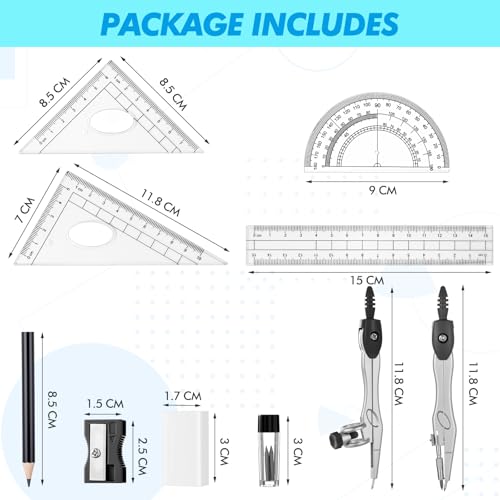 Zonon 10 Pcs Math Geometry Set for Student Compass Protractor, Black - color: Black