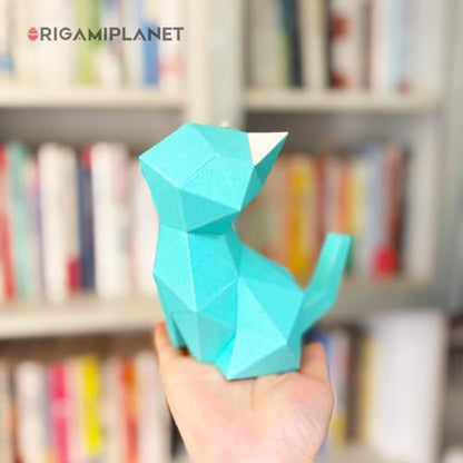 3D Origami Paper Craft Kit, Moonlit Kitten Cute DIY Pre-Cut Animal Papercraft Model for Beginners, Fun Handmade Home Decoration Gift for Adults & Teens-Green