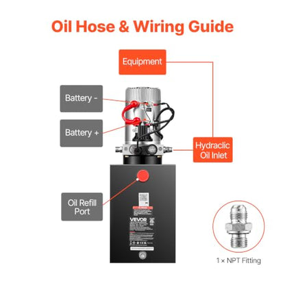 VEVOR 12 Quart Hydraulic Pump, Single Acting Hydraulic Power Unit, 3200 PSI Max Relief Pressure, 0.91 GPM Flow Rate, DC12V 1.6KW Power Unit for Dump Trailer Car Lifting (Horizontal Installation) - size: 12 Quart, style: Single Acting