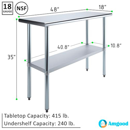AmGood 18 in. x 48 in. Stainless Steel Work Table | Metal Kitchen Food Prep Table | NSF - size: 48 in. Long x 18 in. Deep without Wheels