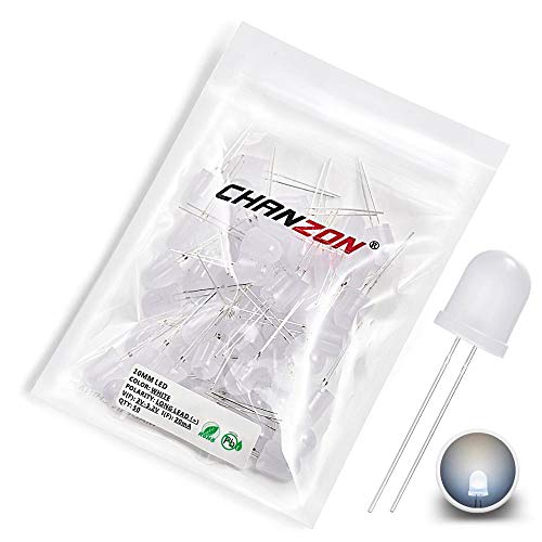 CHANZON 50 pcs 10mm White Diffused LED Diode Lights (DC 3V 20mA) - color: A) White-white (50pcs)