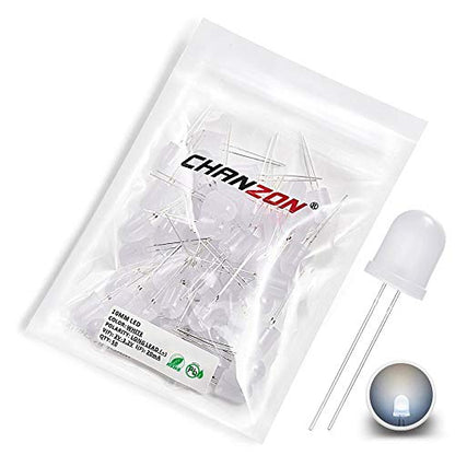 CHANZON 50 pcs 10mm White Diffused LED Diode Lights (DC 3V 20mA) - color: A) White-white (50pcs)