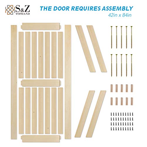 S&Z TOPHAND® 42in x 84in Unfinished British Brace Knotty Barn Door with Sliding Hardware Kit/Solid Wood/Sliding Door/Double Surfaces/A Simple Assembly is Required - size: 42x84in