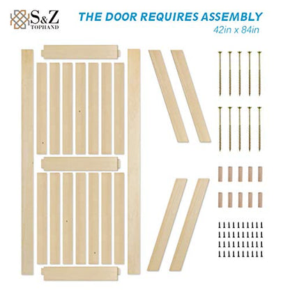 S&Z TOPHAND® 42in x 84in Unfinished British Brace Knotty Barn Door with Sliding Hardware Kit/Solid Wood/Sliding Door/Double Surfaces/A Simple Assembly is Required - size: 42x84in