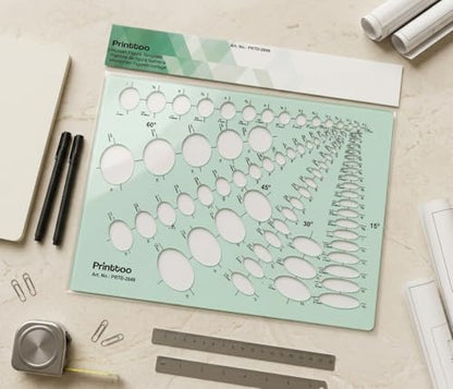Printtoo Ellipse Stencil Template, 2mm Acrylic Reusable Oval Drawing Guide with 15°, 30°, 45° & 60° Cutouts for Drafting, Technical Drawing, Geometry, School Projects, Art and Craft - color: Series-PRTD-2849A