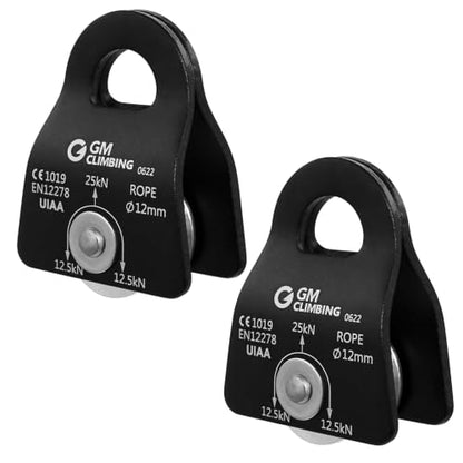 GM CLIMBING Micro Prusik Minding Pulley 25kN CE UIAA Certified 12mm Single Pulley Mobile Side Plates for Arborist Rigging Climbing Rescue - color: Pack of 2 | Black