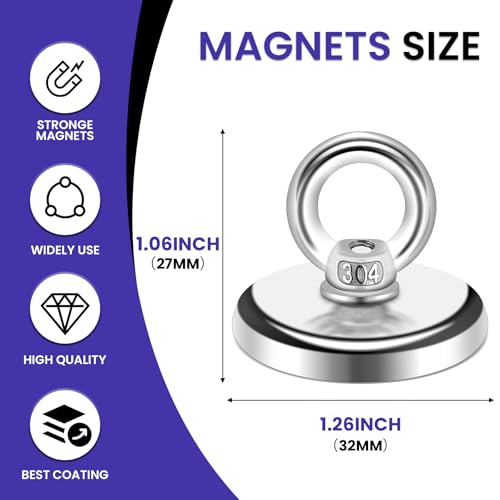 MIKEDE Strong Neodymium Fishing Magnets 12 Pack 100 lbs Pulling - size: 1.26"(32 mm)-100lbs