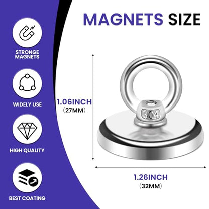 MIKEDE Strong Neodymium Fishing Magnets 12 Pack 100 lbs Pulling - size: 1.26"(32 mm)-100lbs